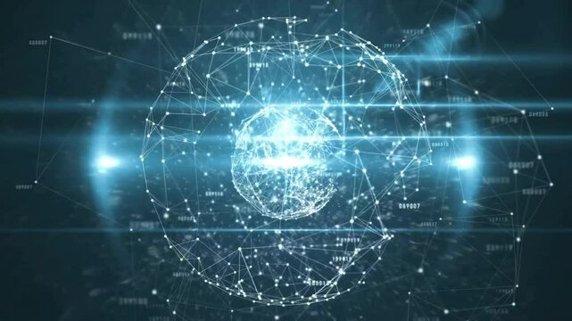 Central network sphere glowing and floating in dark digital space, showing streaming numeric data