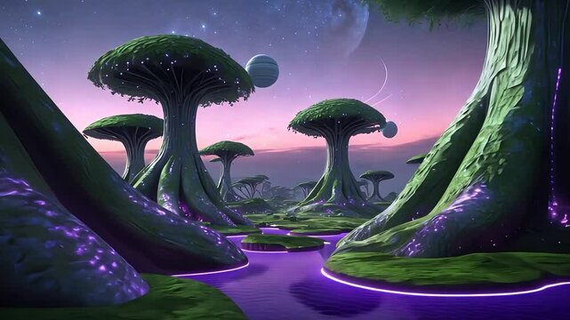 Fantasy alien landscape with massive glowing trees, purple rivers, and multiple moons in a surreal twilight environment on another planet

