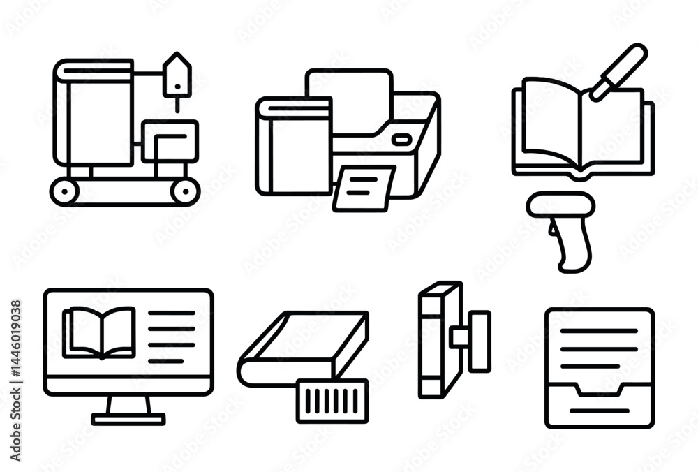 Poster library and printing technology icons for digital applications and educational resources