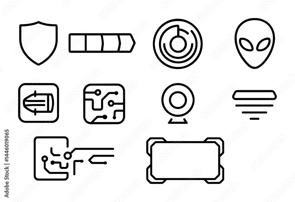 Poster cybersecurity and technology line icons set – outline style network, data protection, and tech symbo