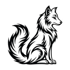 Striking Black and White Fox Mascot Design Sitting Down with Detailed Fur Texture