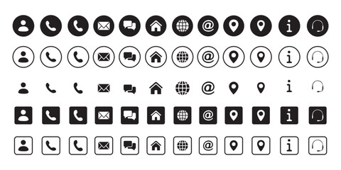 Contact and Communication Icon Set Black and White Circle and Square Symbols