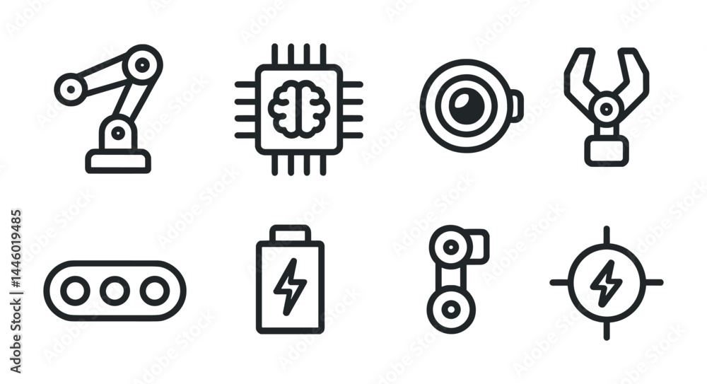Poster robotics and artificial intelligence icons set – outline style technology, automation, and future in