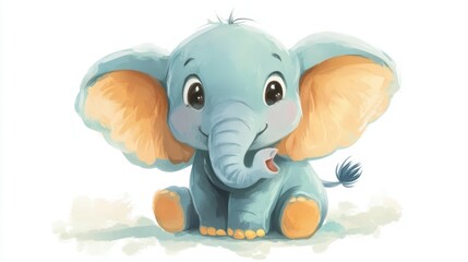 Adorable baby elephant sitting, big ears, cute face, illustration.