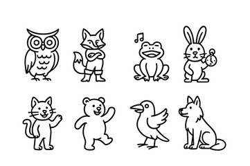 Woodland animal line icons set – outline style forest creatures and wildlife symbols for nature projects: owl, fox, frog, rabbit, cat, bear, bird, wolf.