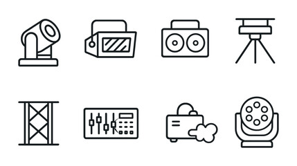 Event lighting and audio icon set – outline style stage equipment, sound system, and venue setup symbols: spotlight, speaker, tripod, truss, mixer, fog machine, dj light.