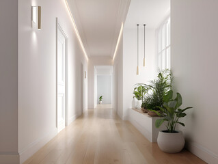 A minimalist hallway with clean lines, white walls, and a polished wooden floor. Simple, modern lighting fixtures highlight the neutral tones, and a few plants sit in the corner.