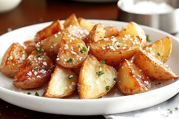 Roasted Potatoes with Sprinkled Salt and Parsley on White Plate Delicious Meal
