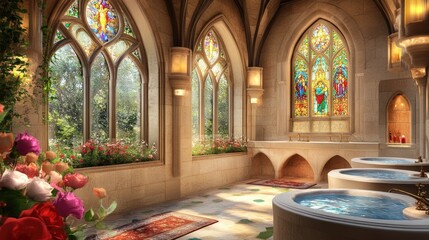 Obraz premium Medieval spa with stained glass and floral arrangements.