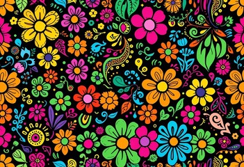 Vibrant hand-drawn floral paisley pattern, colorful doodle style, seamless tiling,  background texture, graphic