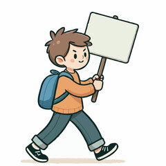 Boy marching with blank protest sign