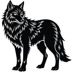 Stylized Wolf Illustration, Black Silhouette Design on White Background, Mammal Wildlife