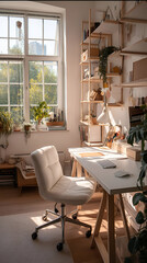 Fototapeta premium A minimalist home office with a white desk, ergonomic chair, and simple shelving. The workspace is open, with soft light streaming through a large window and a few plants scattered about.