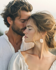 Romantic couple wearing white clothes together with closed eyes, standing on the beach at sunset. Soft, warm light, windy. Minimalistic, peaceful moment.