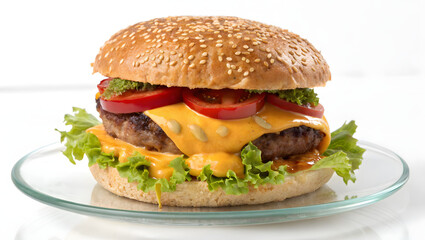 A delicious hot cheese burger with a sesame seed bun, crispy, melted cheddar cheese, fresh lettuce.