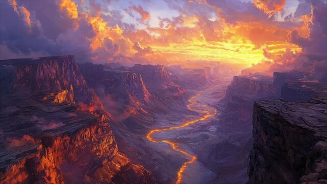 Epic canyon sunset landscape.  Fiery river winds through a dramatic mountain range under a vibrant sky