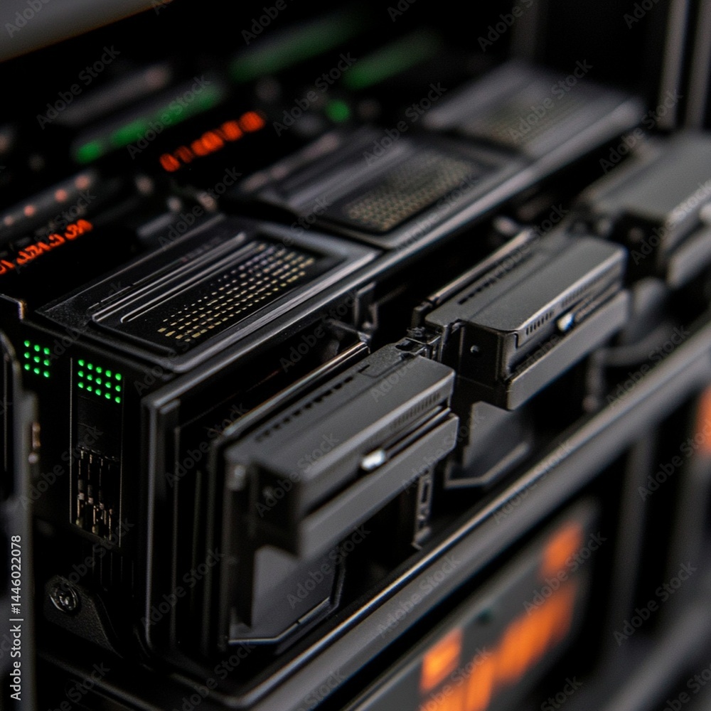 Poster modern server rack closeup technology data center hardware storage web dark cloud board chips wires