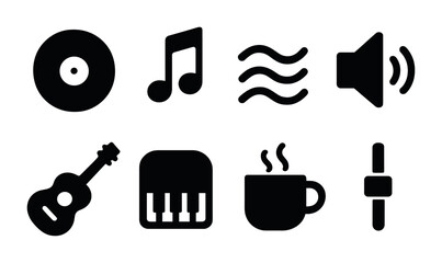 Music and audio solid icons set – filled style sound, instrument, and recording symbols for multimedia projects: record, note, soundwave, speaker, guitar, piano, coffee, slider.