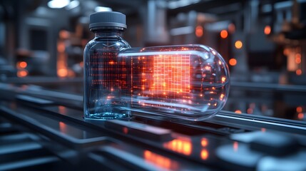 Transparent glass bottle with glowing orange grid inside placed on a conveyor belt. Manufacturing or laboratory equipment on a transparent background, PNG image, PNG file.