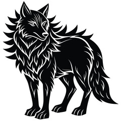 Stylized Black Wolf Silhouette, Detailed Fur, Fierce Gaze, Isolated on White, Canine