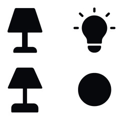 Home decoration silhouette icon set – flat style interior design, lighting, and furniture illustrations: lamp, light bulb, chair, vase, sofa, carpet
