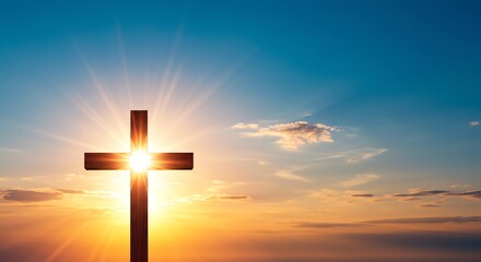 Christian Cross Silhouette with Sun Rays Shining Through Sunset Sky