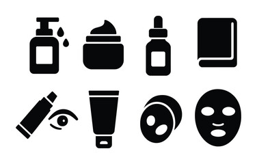 Skincare routine solid icons set — filled style beauty, cosmetics, and wellness symbols for personal care: lotion, cream, serum, towel, eye cream, tube, mask