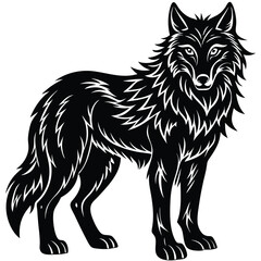 Striking Black and White Wolf Intricate Fur Details, Bold Outline, Animal Art