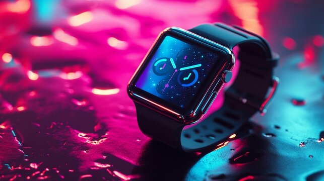 Smartwatch with vibrant neon background.