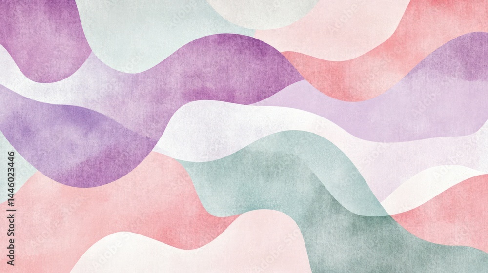 Poster abstract wavy shapes in soft pastel colors, layered and overlapping, creating a flowing, ethereal de