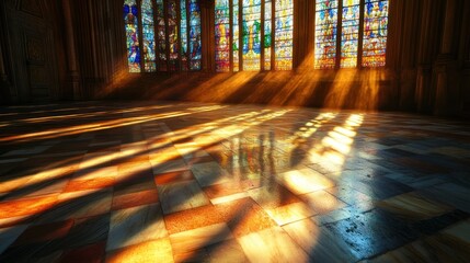 Sunlight streams through stained glass windows, illuminating a cathedral floor.  Detailed shadows dance across the polished tile