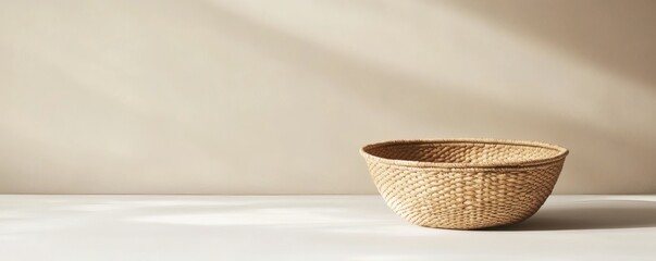Fototapeta premium A woven bowl sits on a white surface with light and shadows