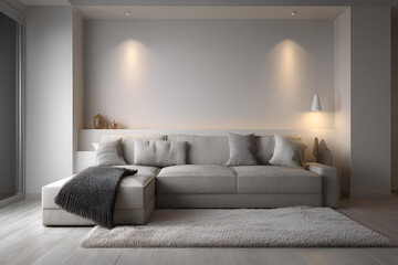 A minimalist living room with beige walls, a light grey sofa, and soft lighting that creates a cozy, inviting atmosphere. The space feels open, clean, and welcoming.