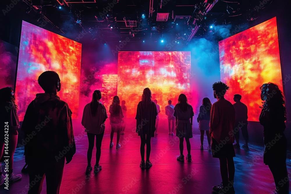 Poster bright lights and dynamic visuals engage a group of people in an immersive art space during an eveni