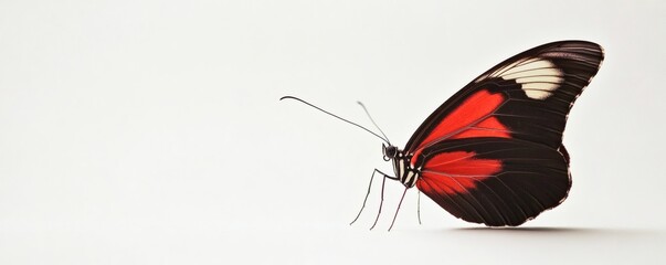 A single butterfly rests on a white surface with colorful wings