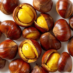 Pile of chestnuts close up view on white background