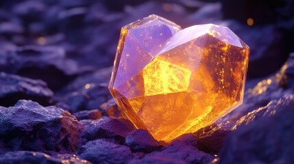 Intricate gem resting on dark stones, radiating inner light.