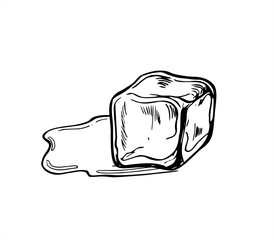Monochrome melting ice cube with spreading water puddle vector illustration painted by black inks. Etching drawing of thawing ice block for scientific infographic on phase transitions, summer picture