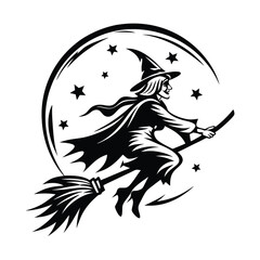 Silhouette of Witch Flying on Broomstick with Crescent Moon and Stars | Black and White