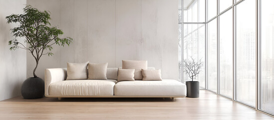 A minimalist living room with a sleek, light-colored sofa, soft textiles, and a single large potted plant, sitting on a polished wooden floor with soft lighting coming from large windows.