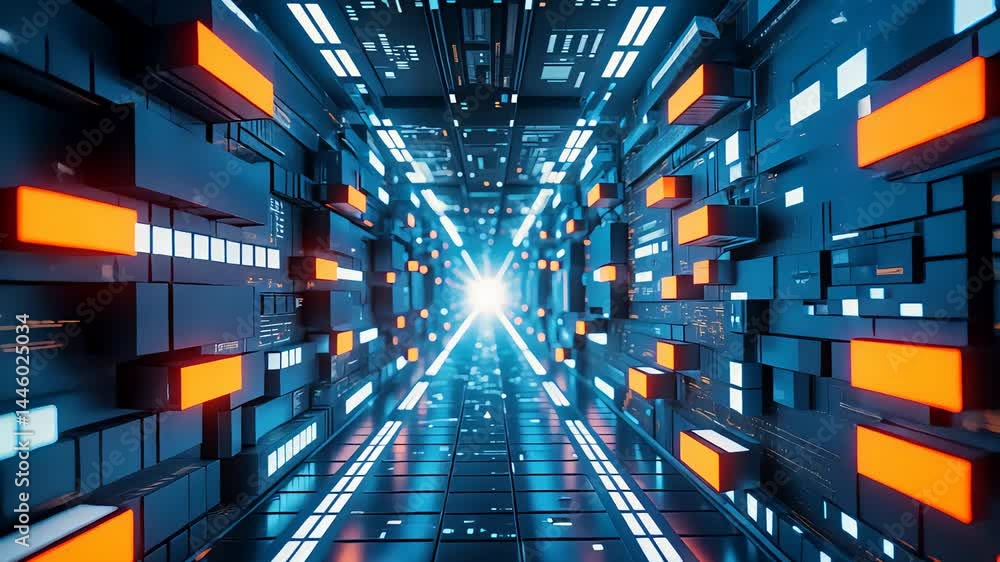 Poster futuristic glowing data corridor with illuminated panels and bright central light source in digital 
