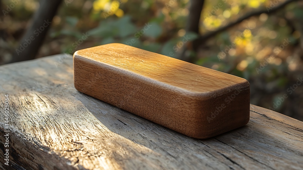 Aufkleber wooden block resting on a rustic table in a serene forest setting, sunlight filtering through trees