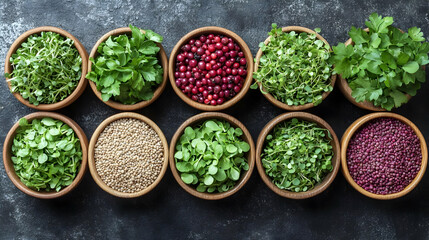 Assortment of Microgreens Seeds and Berries in Wooden Bowls on Dark Background