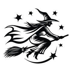 Silhouette Witch Flying On Broomstick with Stars Around on White Background, Isolated