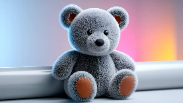 Grey teddy bear with modern cool tones and soft shadows, cozy children&rsquo;s decor and lifestyle concept Video 4K UHD 60 fps