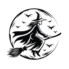 Monochrome Witch Silhouette on Broom, Flying with Bats within Circular Design, Isolated
