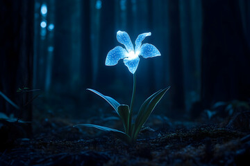 Illuminated flower in a dark forest glade.
