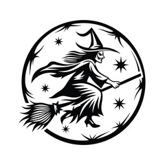 Silhouette Witch Riding Broomstick, Stars, Lunar Cycle, Black and White Halloween Theme