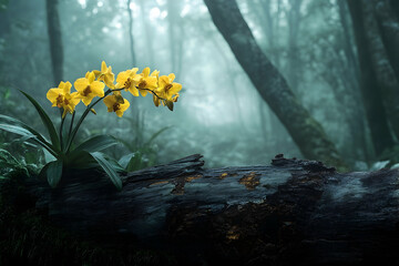 Misty forest scene with vibrant yellow orchids on a log.