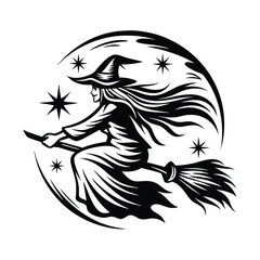 Black and White Silhouette of Witch Flying on Broomstick Against Starry Round Border